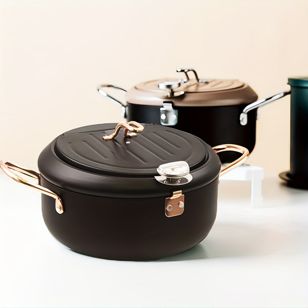 Olla de freidora profunda antiadherente negra con termómetro y calentamiento rápido