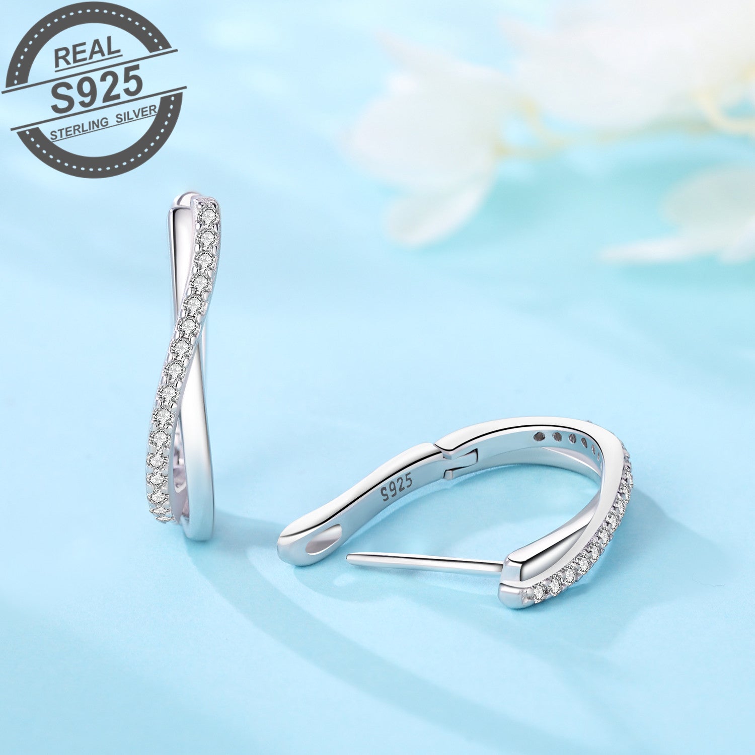 Sterling Silver Twisted Hoop Earrings with Cubic Zirconia for Women