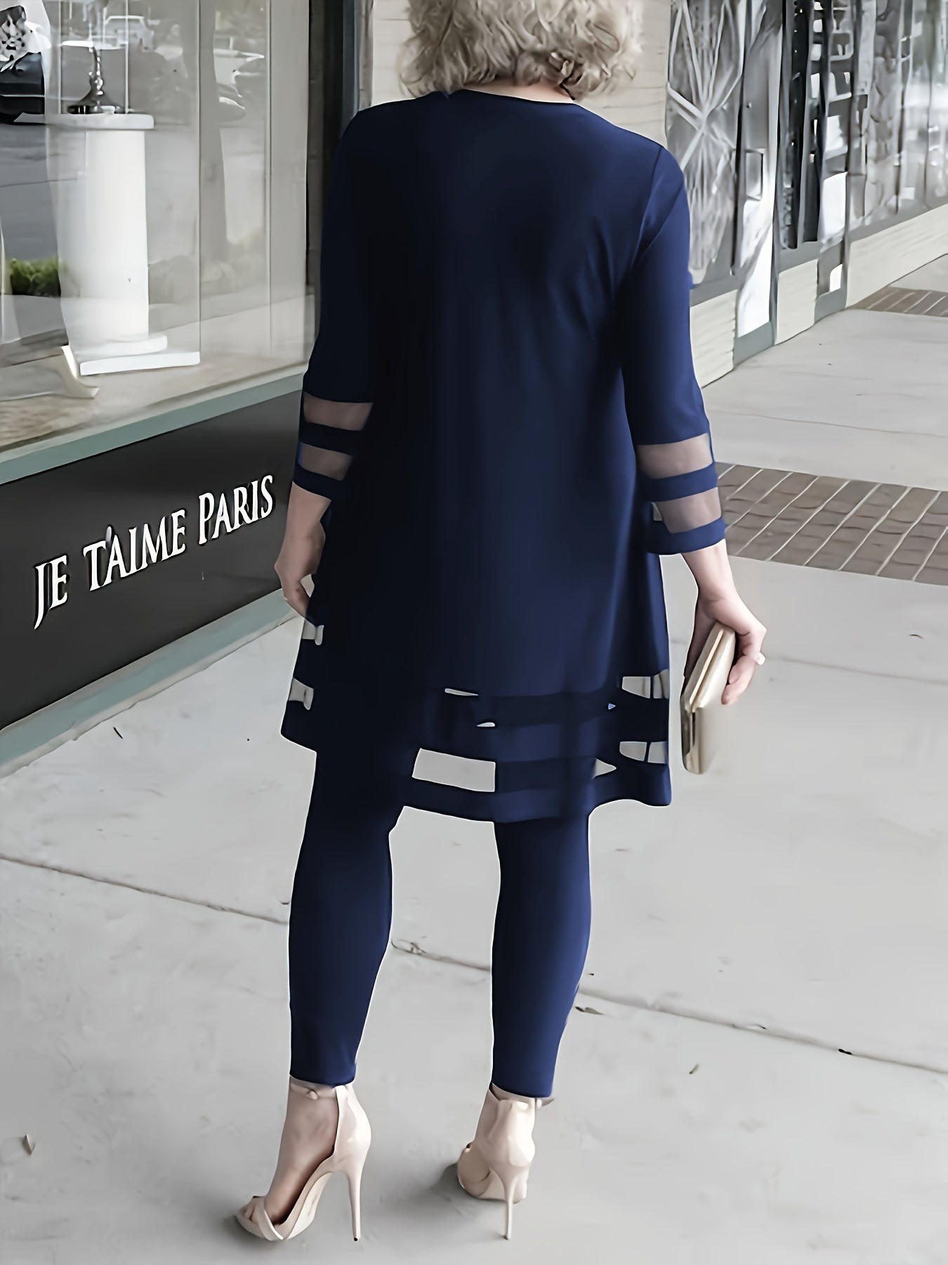 Katta o'lchamdagi mesh ikki qismli to'plam, crew neck bluzka va shimlar, ayollar uchun katta o'lchamdagi kiyimlar