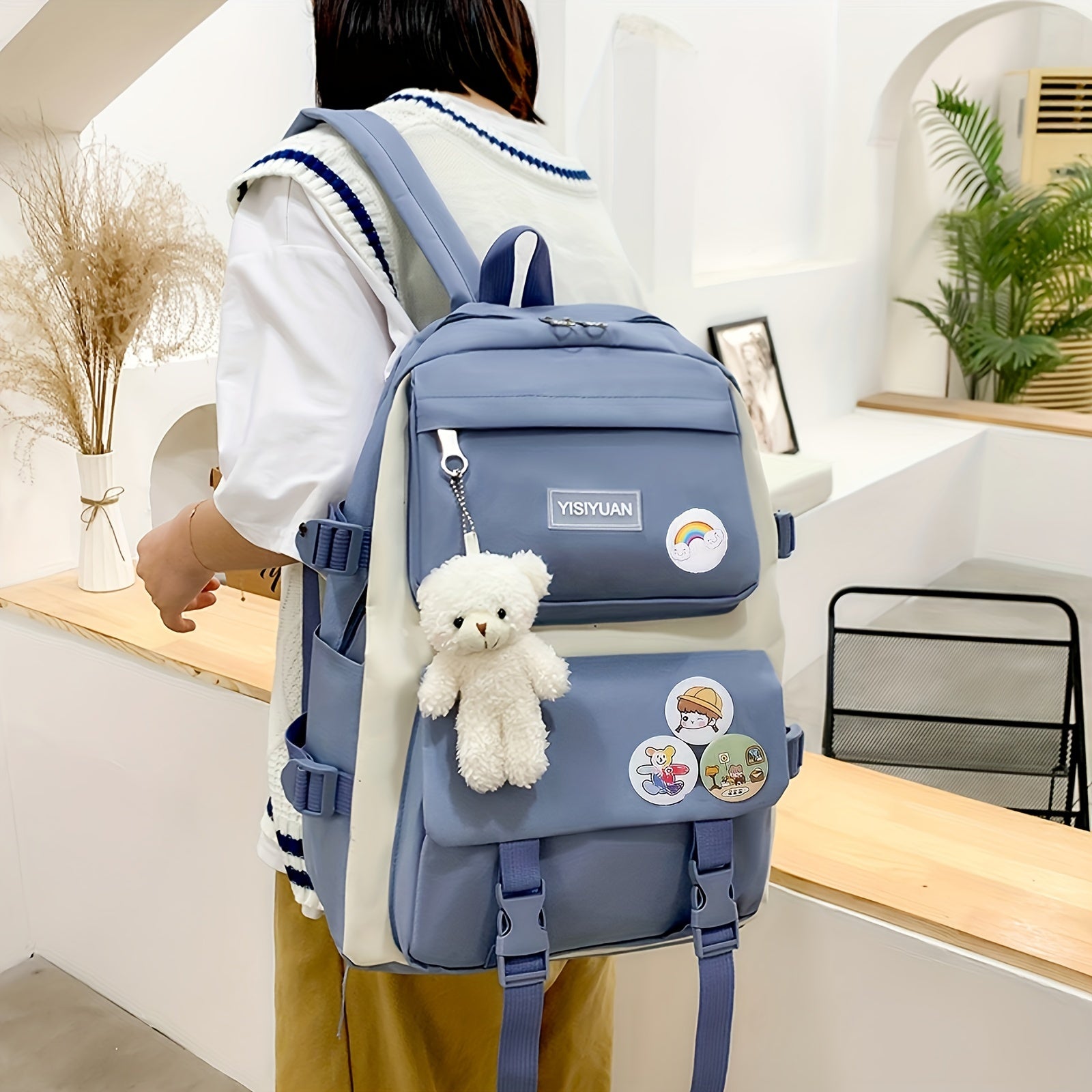 Women's Oxford Fabric Campus Backpack Set with Badge Pendant in Multiple Colors