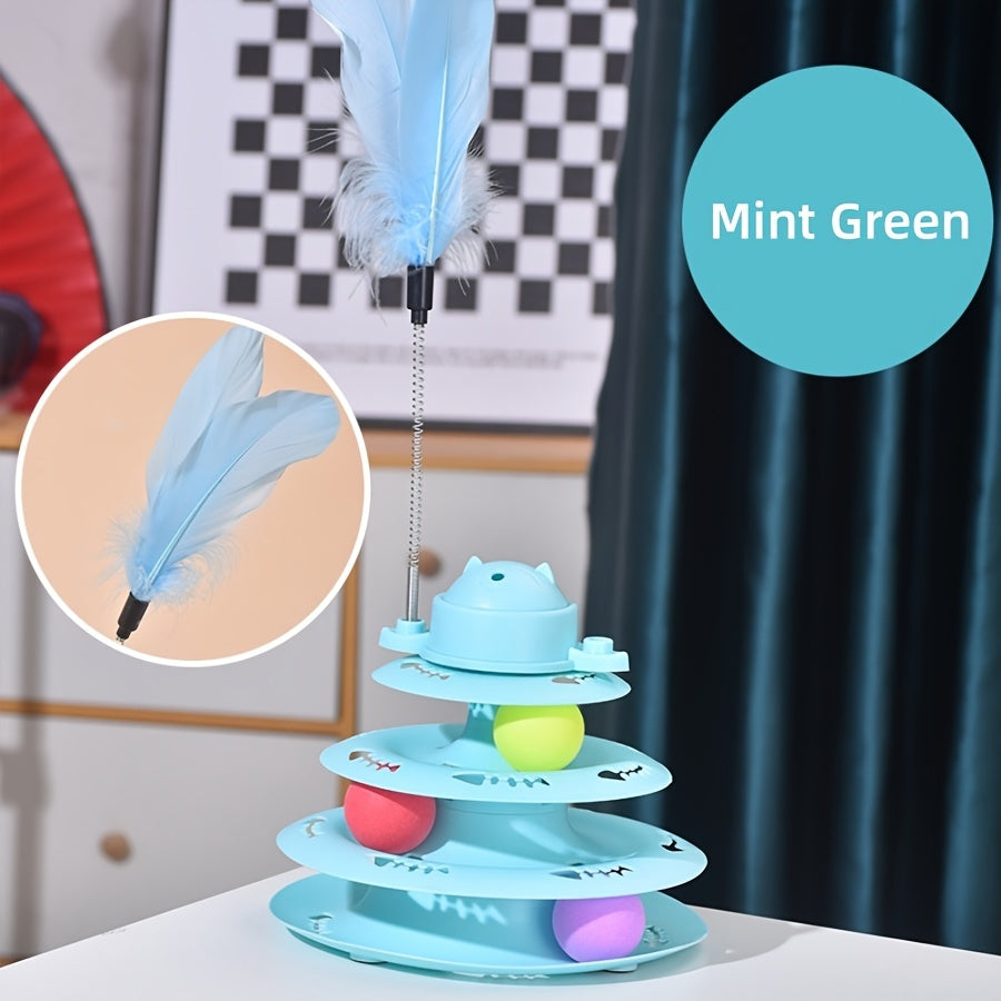 Прочный игровой комплекс для кошек включает вращающиеся шарики, 4-уровневую дорожку, перьевую игрушку и неэлектрический дизайн.