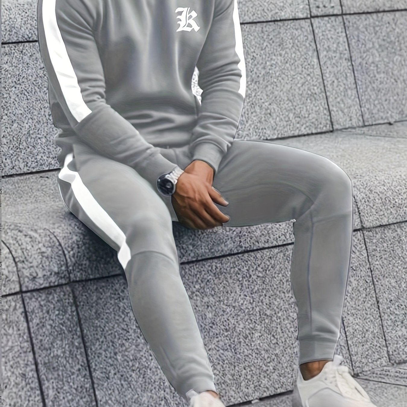 Men's Polyester Casual Tracksuit with Letter Print Crew Neck Sweatshirt and Joggers for Fall Winter