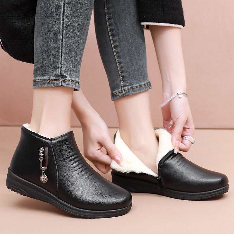 Women’s Winter Boots Slip-On Zipper Faux Leather Non-Slip Warm Shoes Black