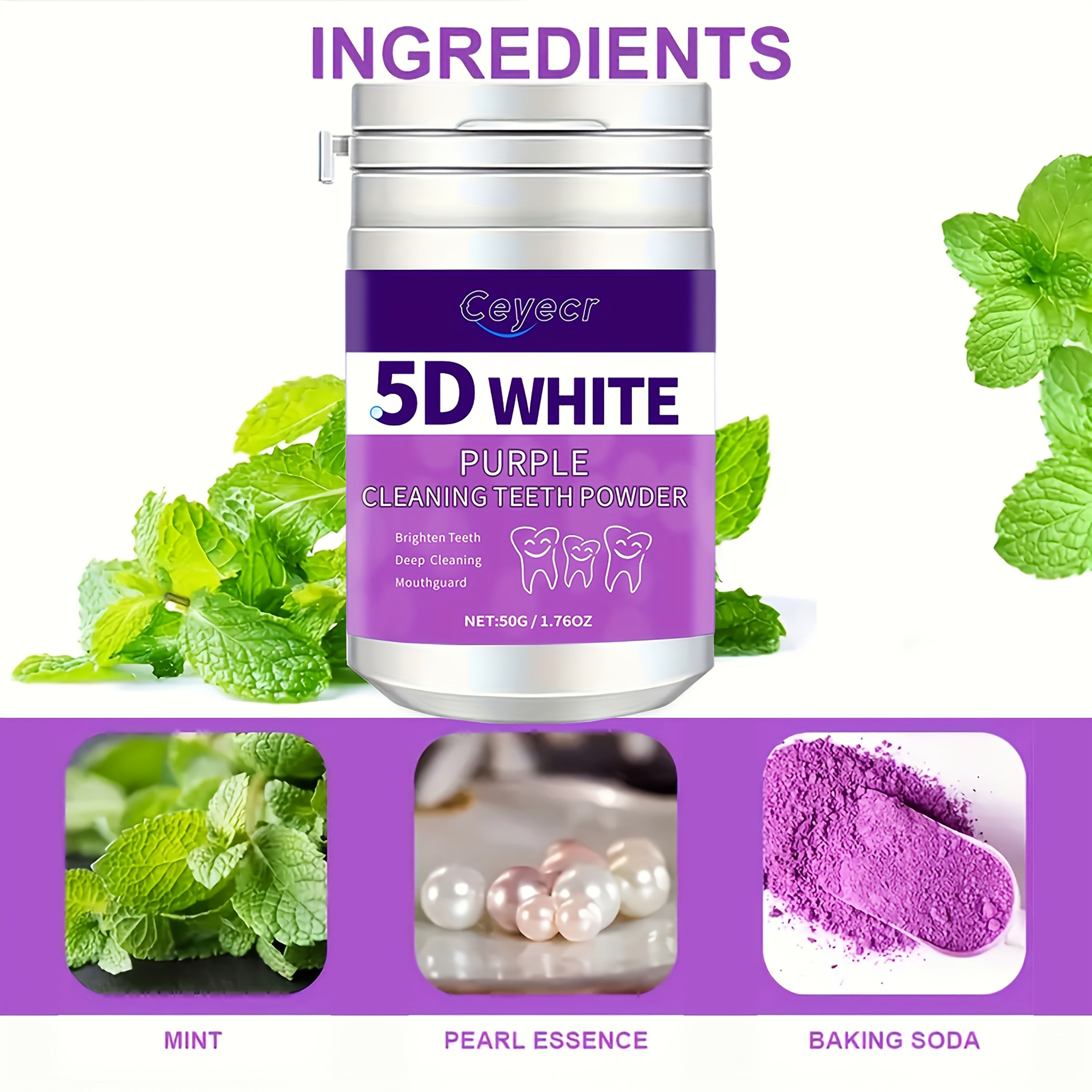 Teeth Whitening Powder for Men and Women 50g Deep Cleaning Purple Pearl Formula