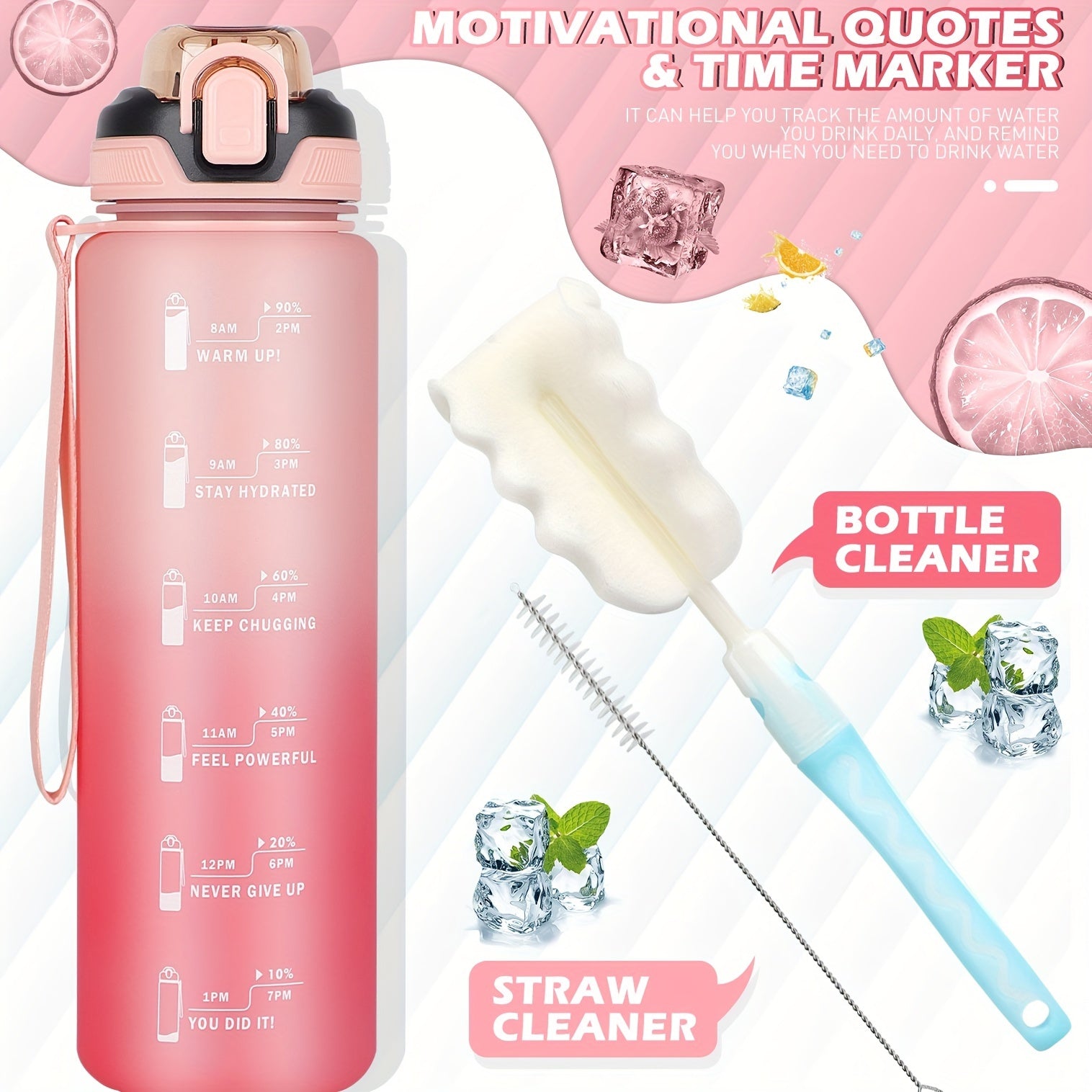 1L BPA-Free Sports Water Bottle with Straw and Time Marker