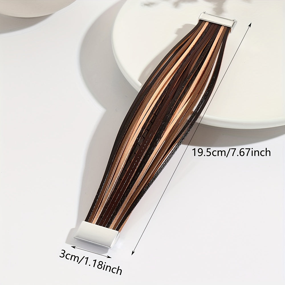 Vintage uslubidagi Bohemian ko'p qatlamli PU charmli bilaguzuk, jigarrang va qora iplar bilan, do'stlik juftliklari uchun mo'ljallangan. Mukammal moslik uchun sozlanadigan qopqoqga ega.