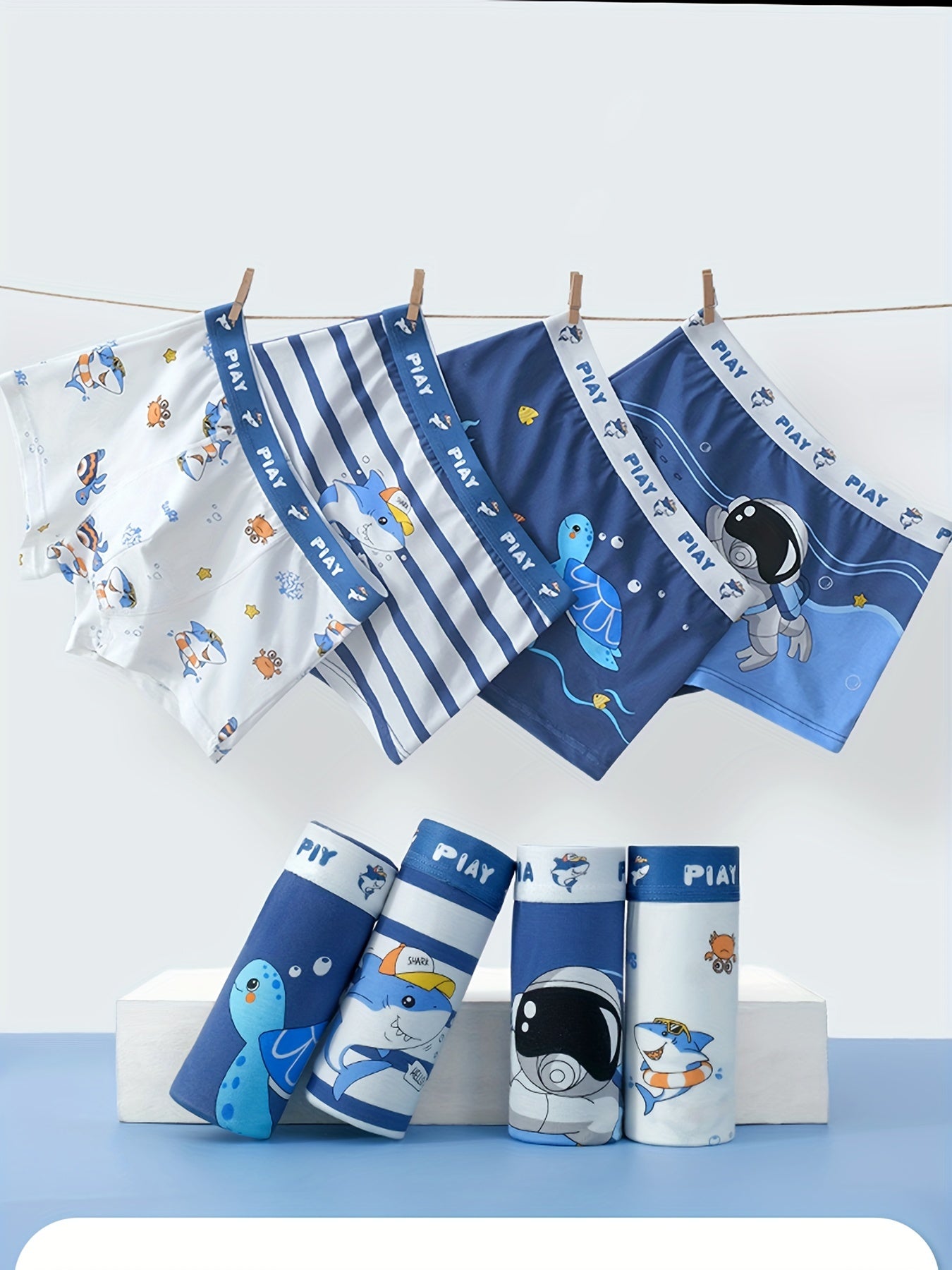 Boys' 4-Pack Underwater World Cartoon Boxer Briefs Soft Breathable Cotton Fit for Over 3 Years