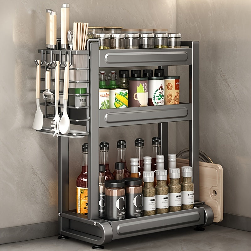 Metal Spice Rack Organizer 3-Tier Gray Countertop Storage for Kitchen Gadgets