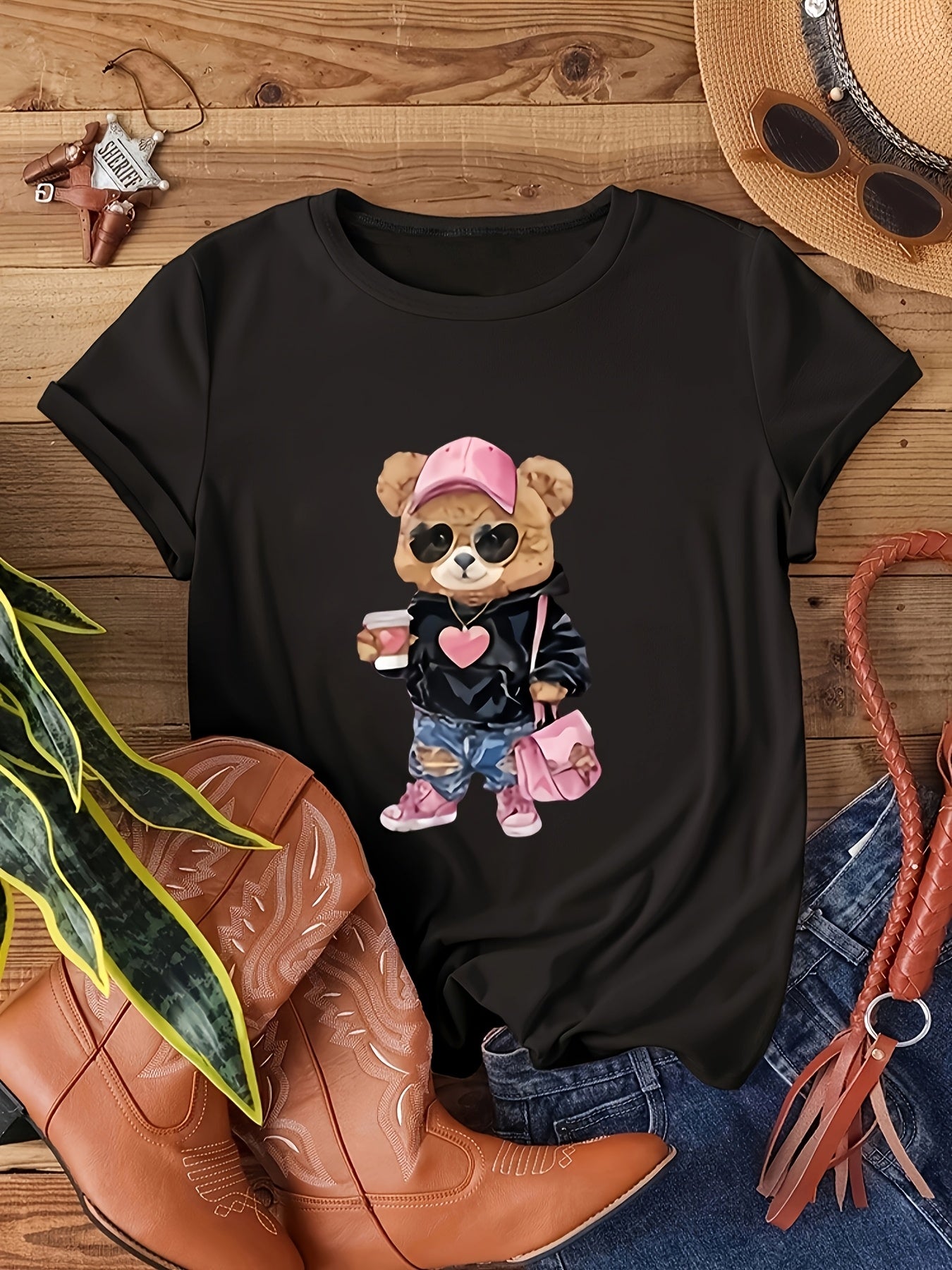 Women’s Plus Size Black Casual T-Shirt with Cartoon Bear Print