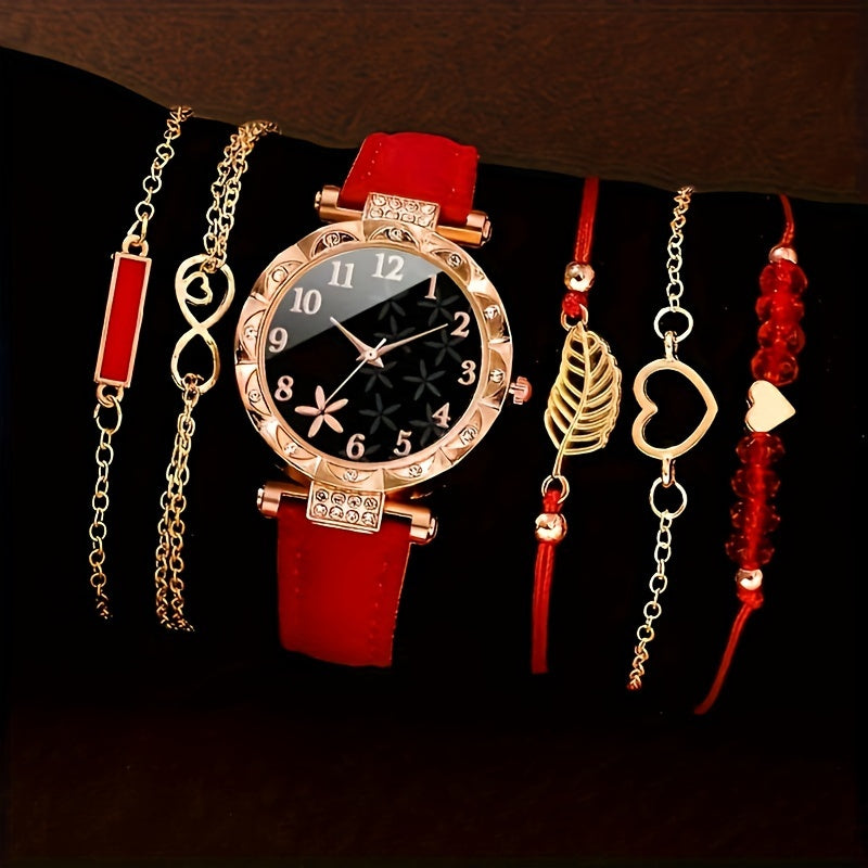 6-Piece Quartz Watch Set with Rhinestones Faux Leather Bracelets for Women