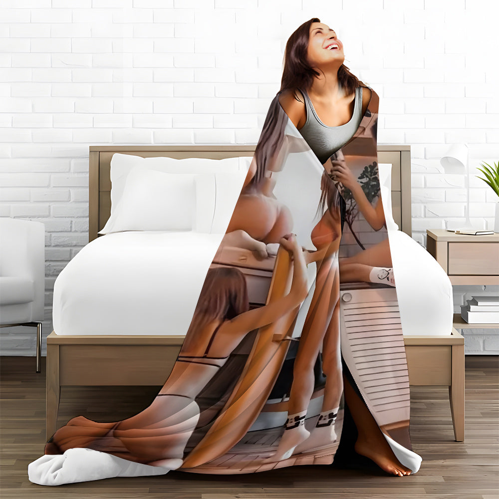 Flannel Throw Blanket with AI-Designed Blonde Model Pattern Cozy Bed Couch Gift