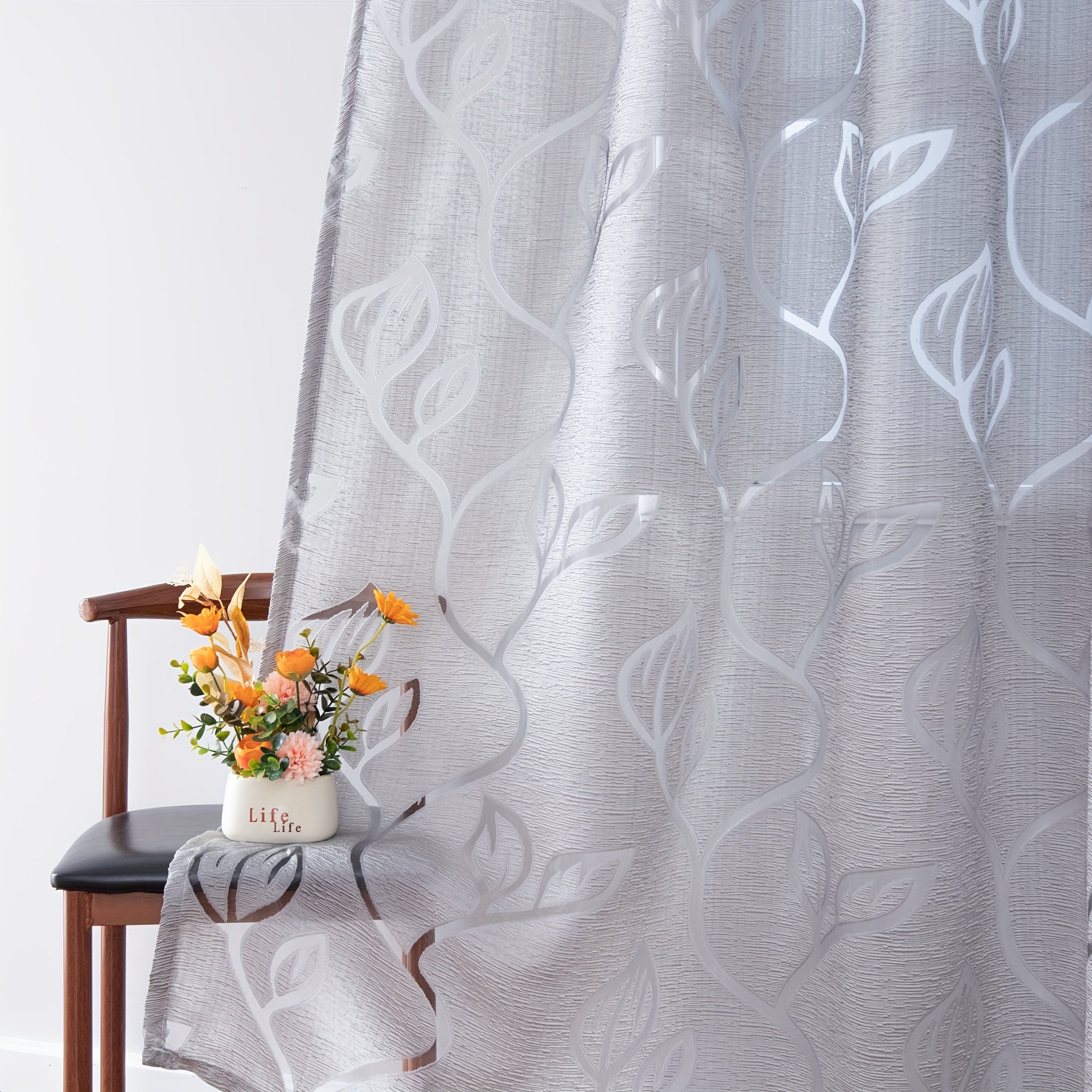 Gray Floral Sheer Curtain with Rod Pocket for Living Room and Bedroom