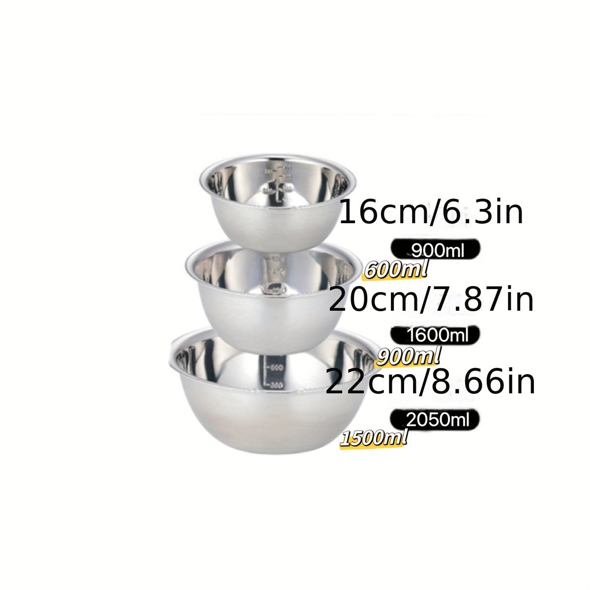 Set of 3 Stainless Steel Mixing Bowls with Scales for Cooking Baking and Meal Prep