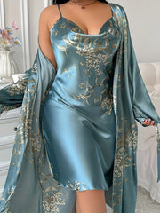 Plus Size Women's Black and Gold Floral Spaghetti Strap Nightgown Lounge Dress