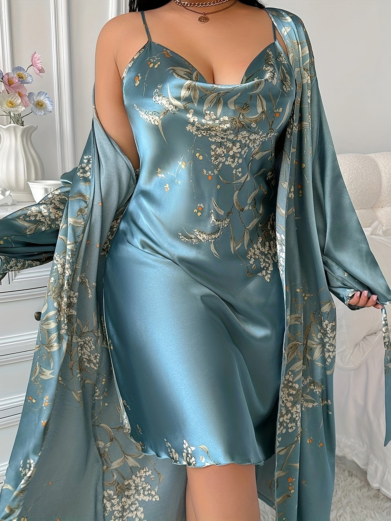 Plus Size Women's Black and Gold Floral Spaghetti Strap Nightgown Lounge Dress