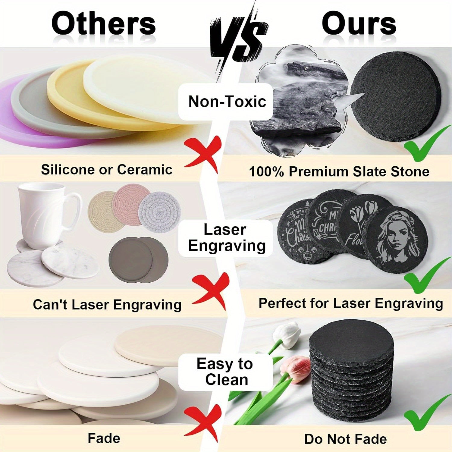 48 posavasos de pizarra negra de 10.16 cm con grabado láser personalizable y posavasos de piedra natural