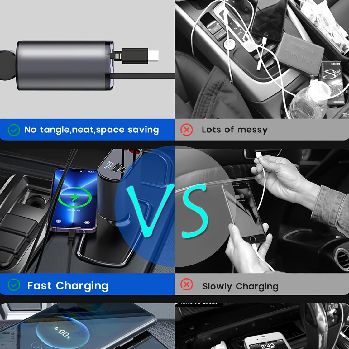 Universal Retractable 66W 4-In-1 Fast Car Charger with USB Ports