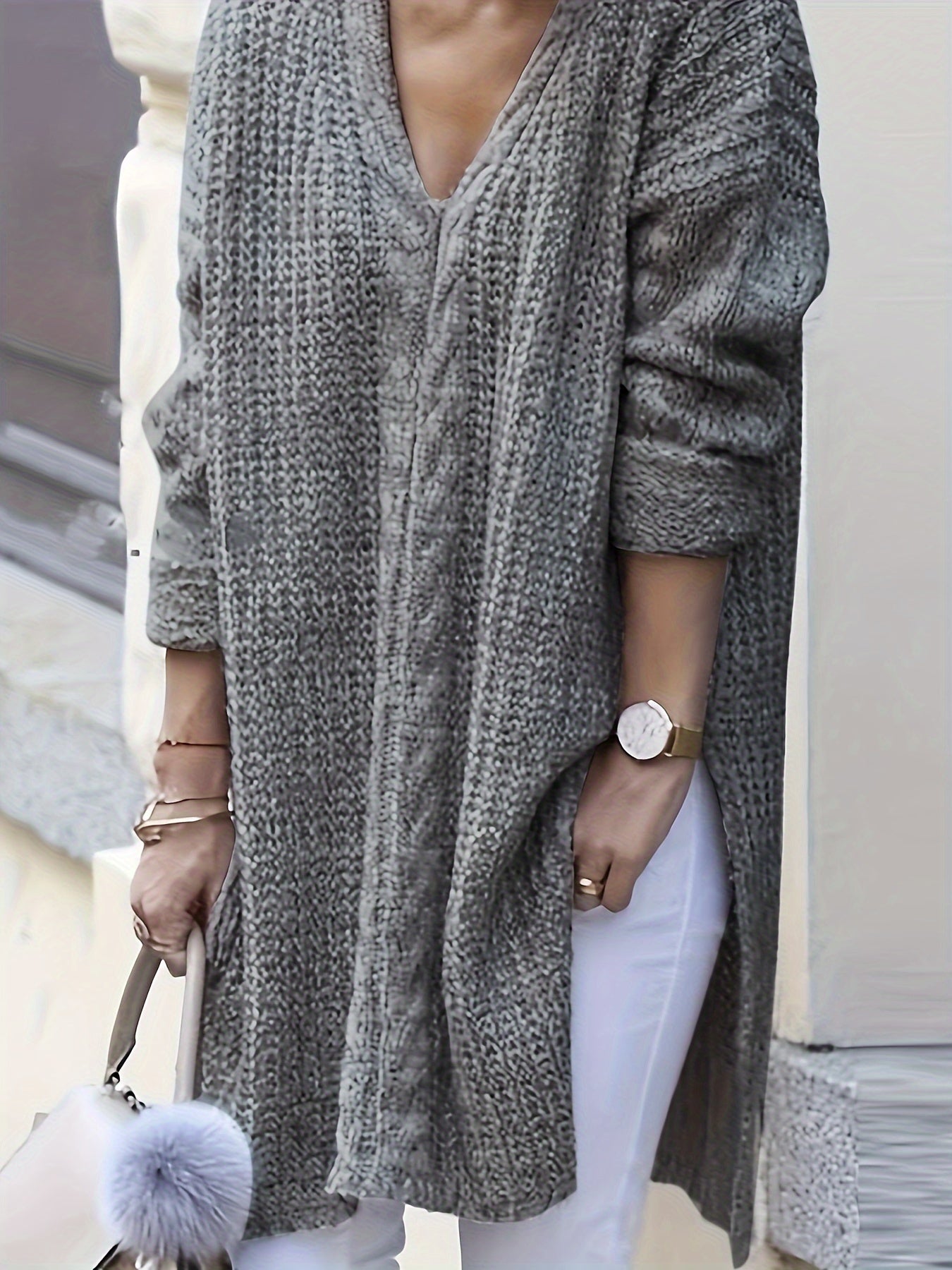 Plus Size Women's Loose Deep V-Neck Sweater Casual Pullover with Slit Hem