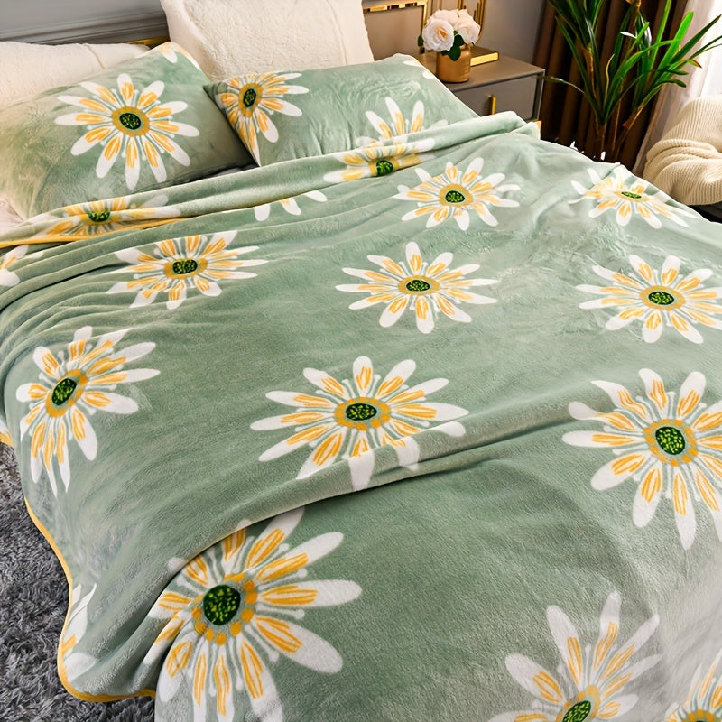 Manta de felpa de visón de doble cara con diseño de hojas florales azules para sofá, cama y viajes