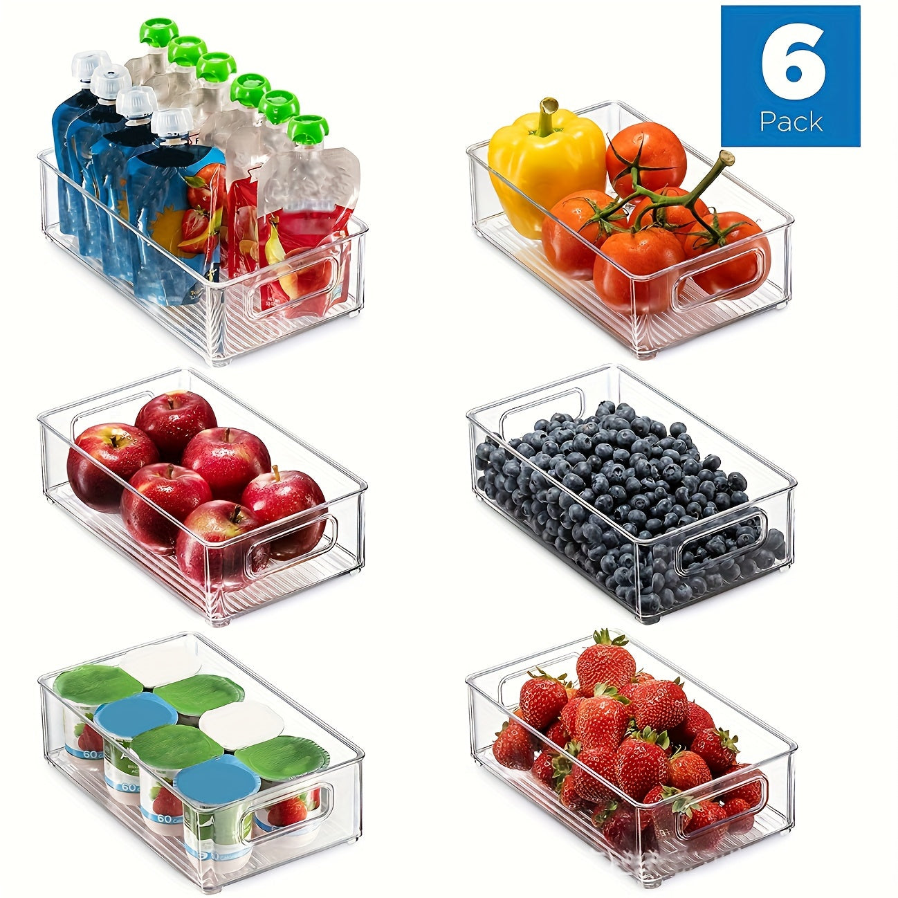 6-Piece Transparent Refrigerator Organizer Bins for Food Storage in Fridge Freezer Pantry and Kitchen Cabinets