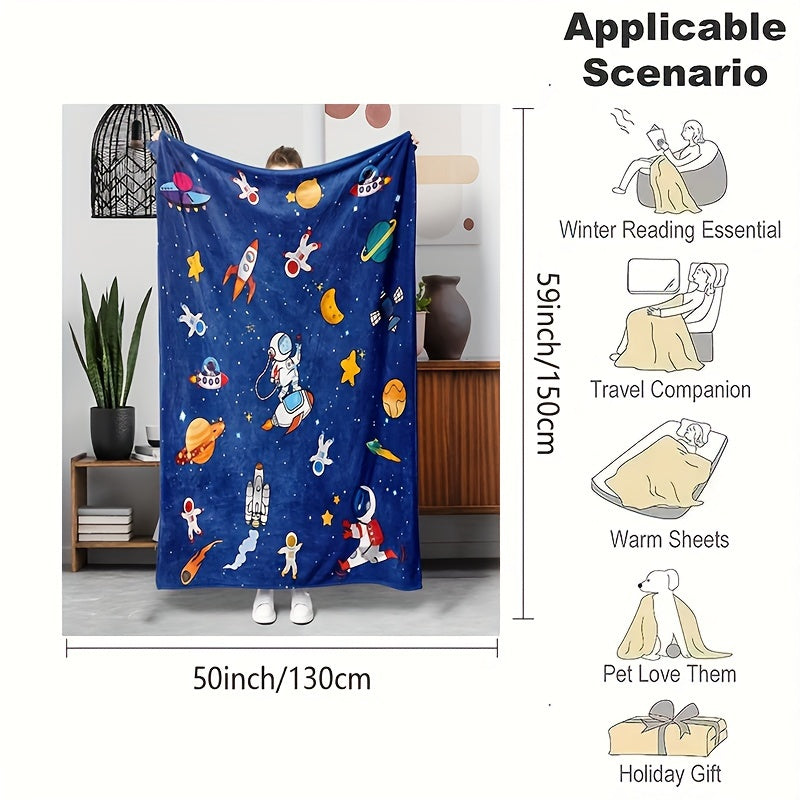 Warm Flannel Blanket with Cartoon Space Flying Saucer Design for Cozy Use