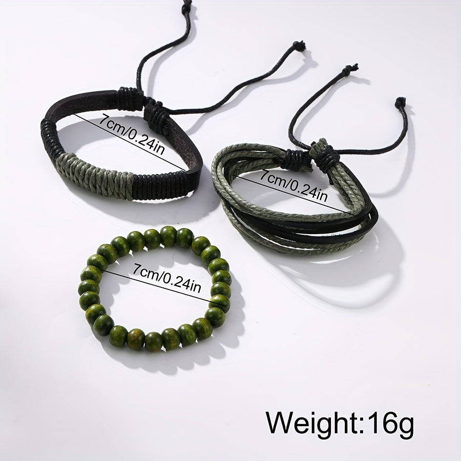 Men's Quartz Watch and Bracelets Set with Round Calendar Dial and Leather Straps