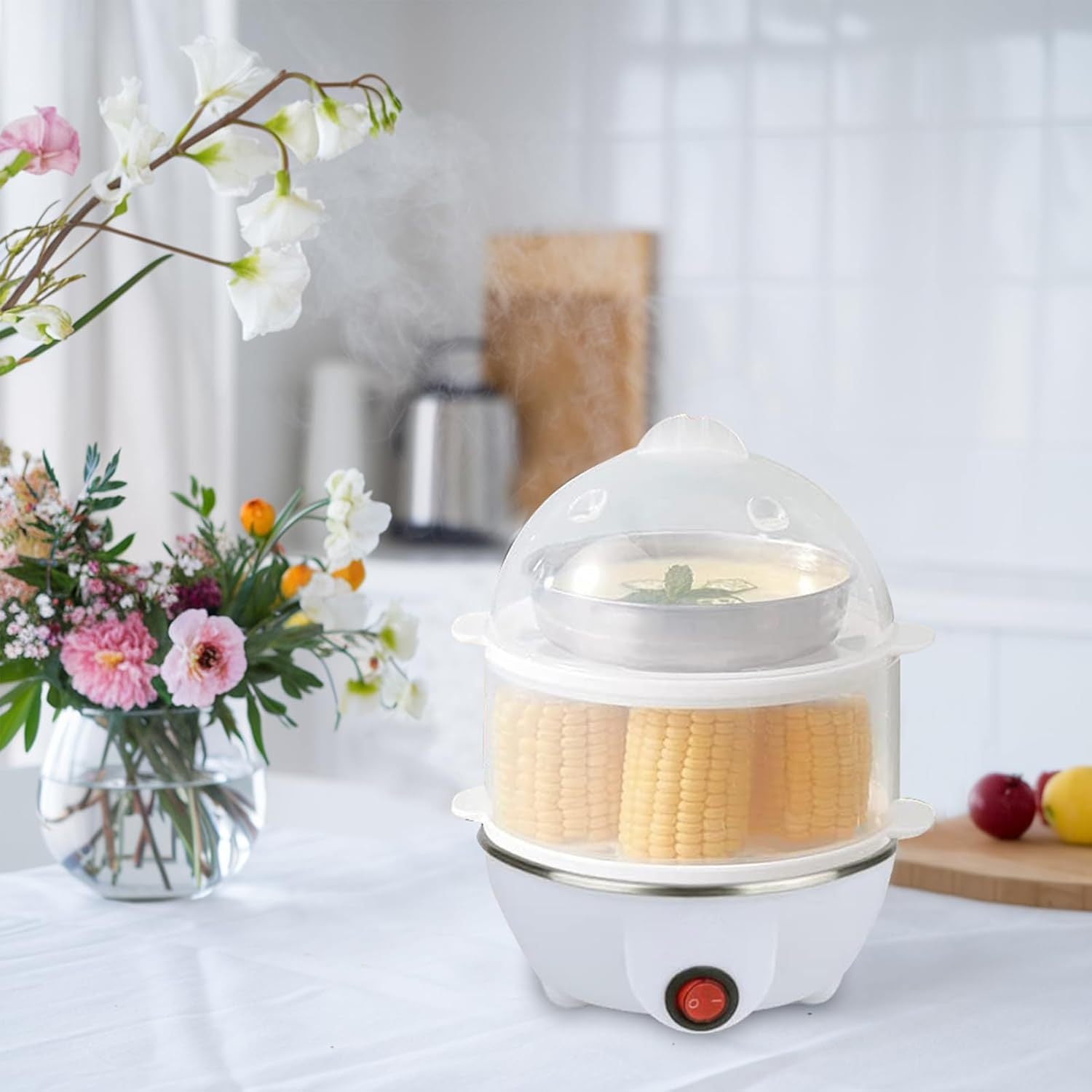 14 ta tuxum sigʻimi va oson nazorat uchun aniq qopqogʻi bilan tuxumni qaynatish va sabzavotlarni bugʻlash uchun zamonaviy oshxona qurilmasi. Mustahkam plastmassadan tayyorlangan.