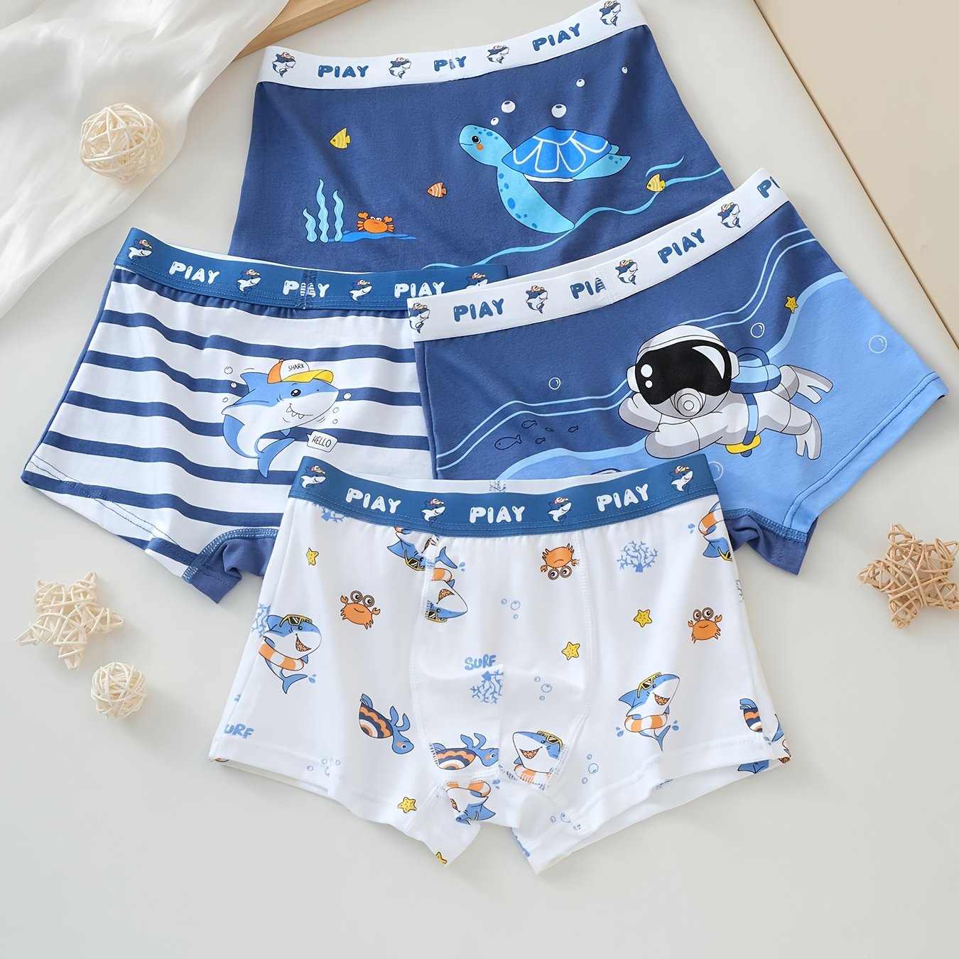 Boys' 4-Pack Underwater World Cartoon Boxer Briefs Soft Breathable Cotton Fit for Over 3 Years