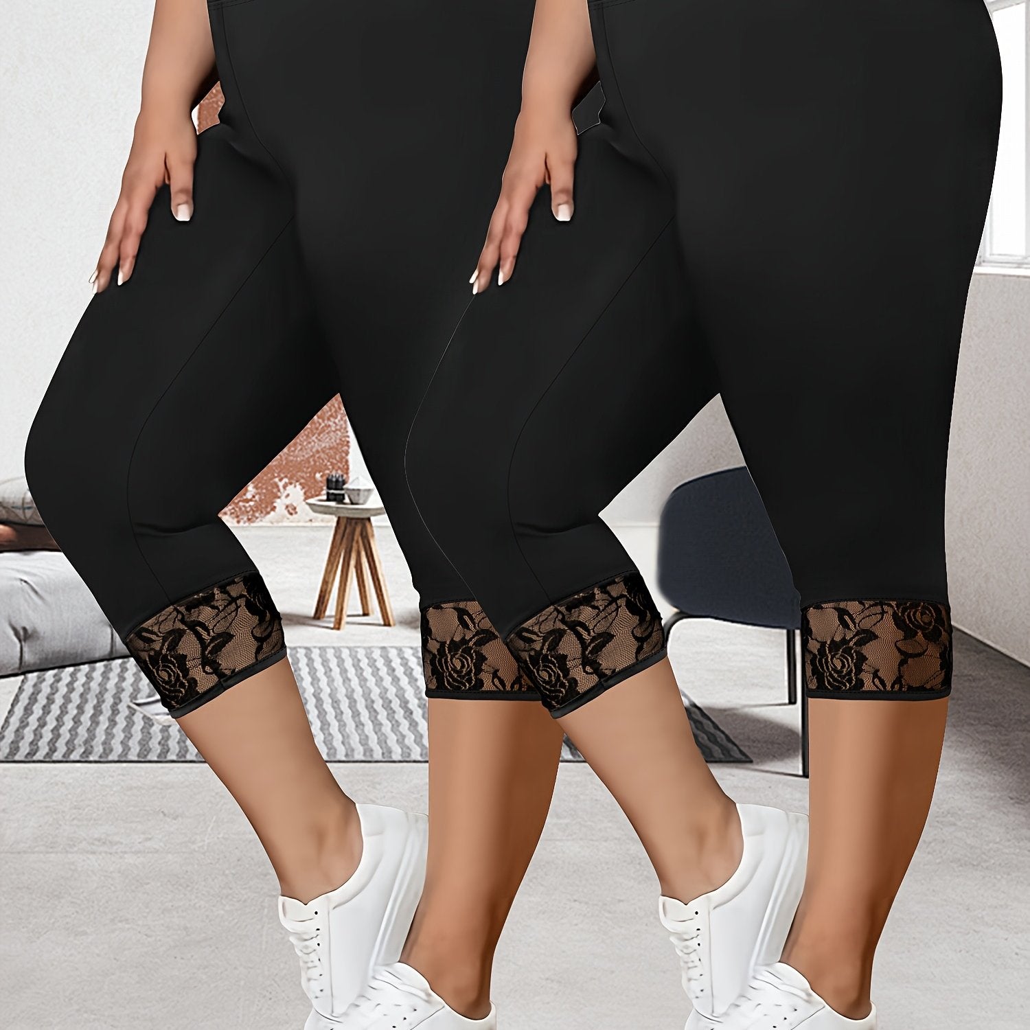 Plus Size High-Waisted Flounce Hem Pants Two-Pack Spring Summer Patchwork Lace