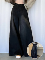 Plus Size High-Waist Wide-Leg Denim Jeans for Women Black Gray Frayed Hem