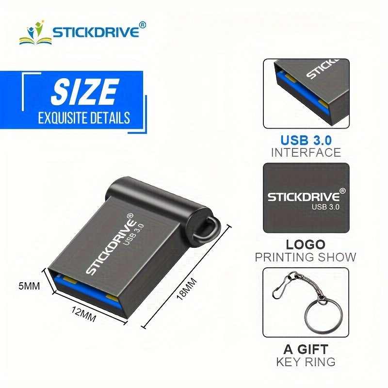 STICKDRIVE MINI USB 3.0 Flesh xotira qurilmasi kalit halqasi uchun turli o'lchamlarda.