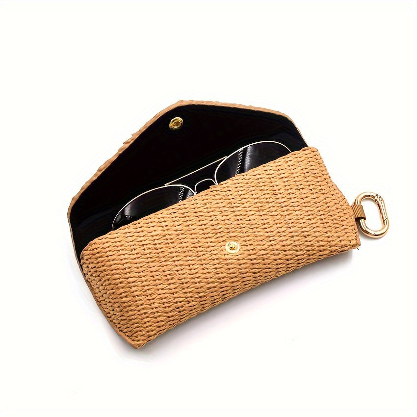 Woven Straw Eyeglass Case for Women with Protective Sleeve and Hook