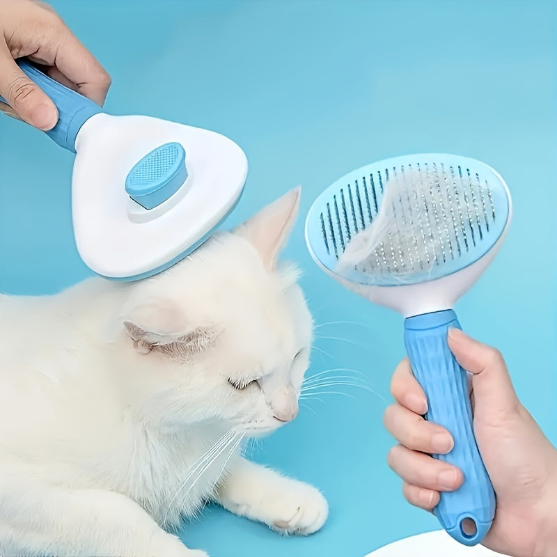Pet Grooming Brush for Dogs and Cats with One-Click Hair Removal Blue and White