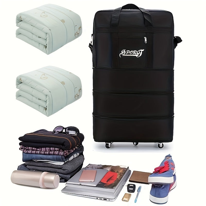 Foldable Polyester Rolling Travel Luggage Bag with Large Capacity and Multi-Tiered Storage