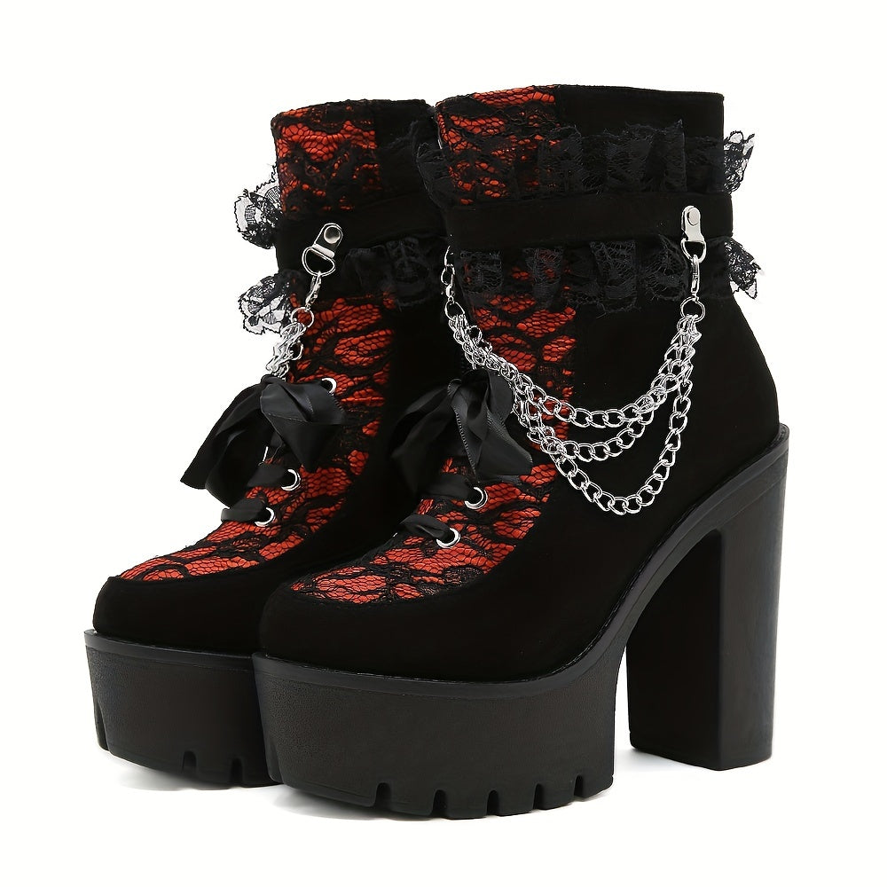 Women's Gothic Lace Ankle Boots Chunky Heel Side Zipper All-Season Black Red