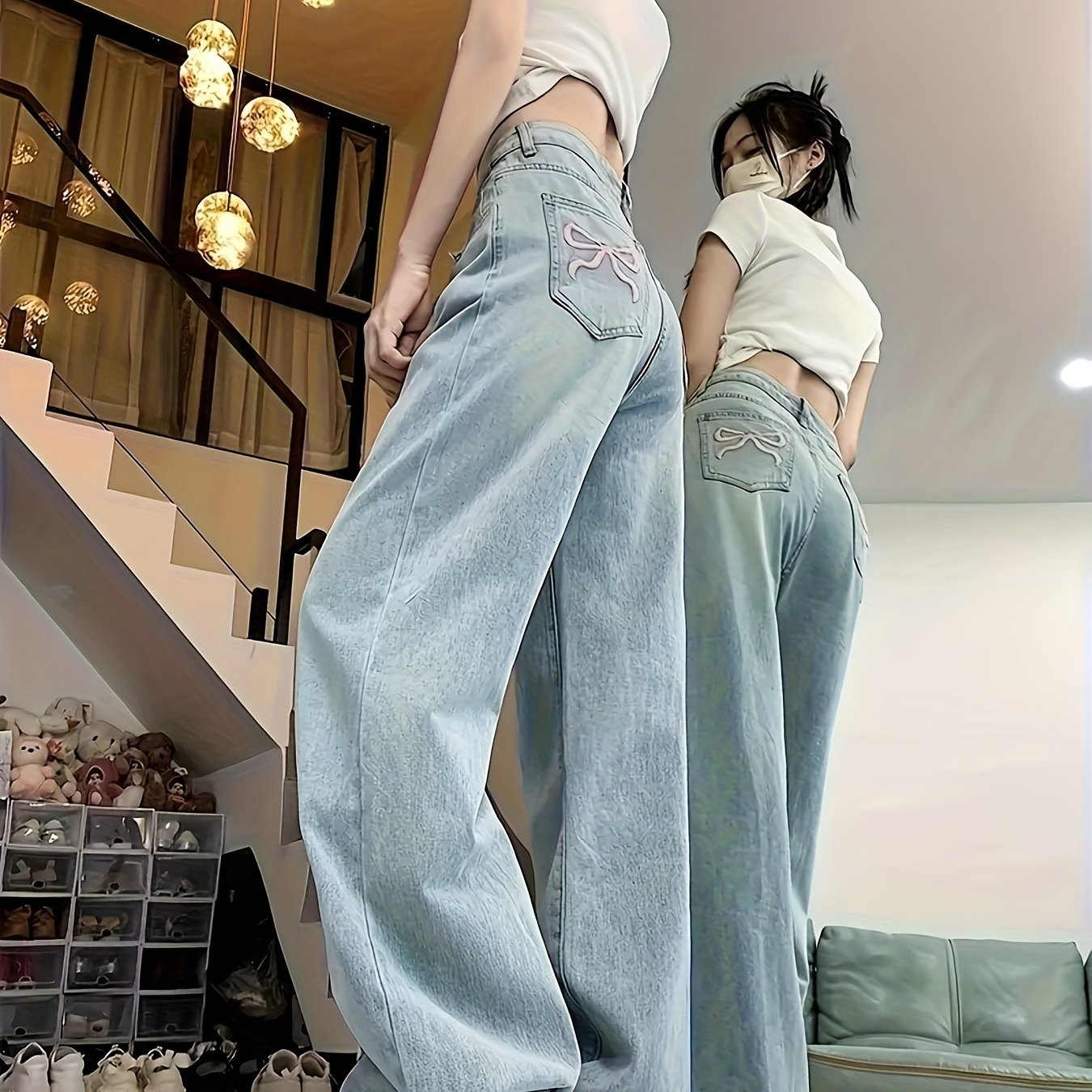 Light Blue High-Waist Embroidered Straight Leg Jeans for Women