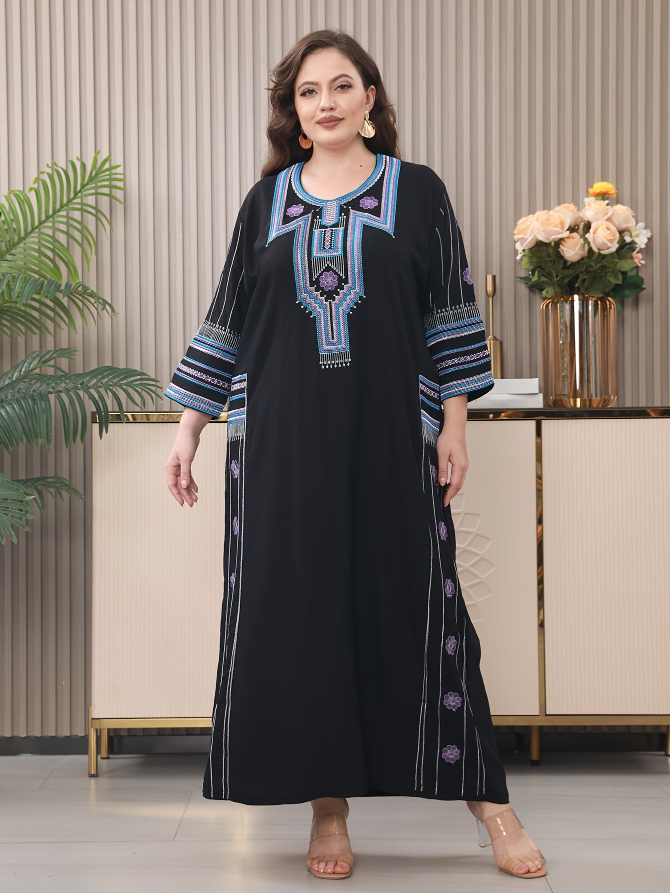 Embroidered Tribal Pattern Kaftan Dress Long Sleeve Loose Fit Woven Fabric