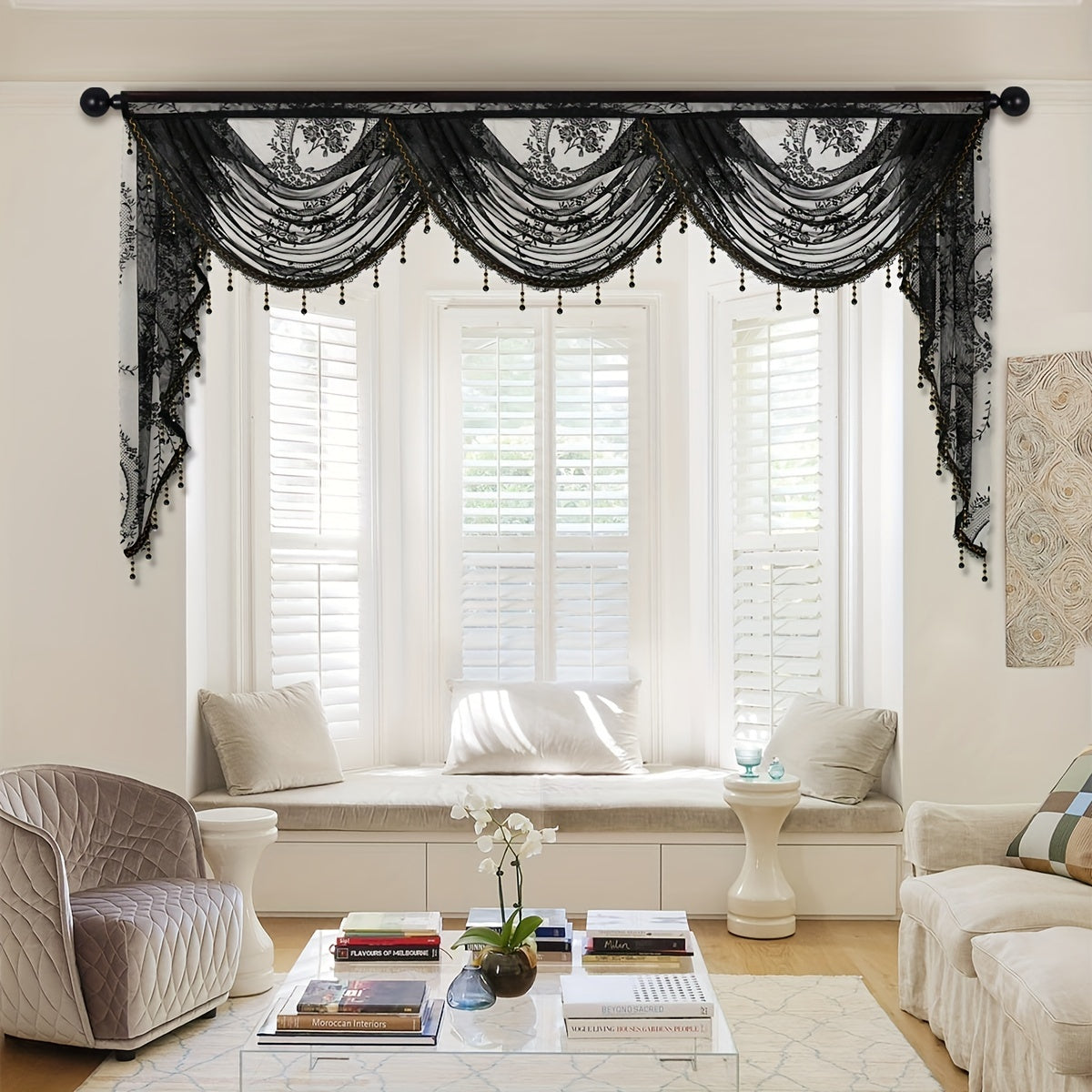 European Style Wave Curtain with Black Lace Valance and Flower Pattern for Living Room Windows