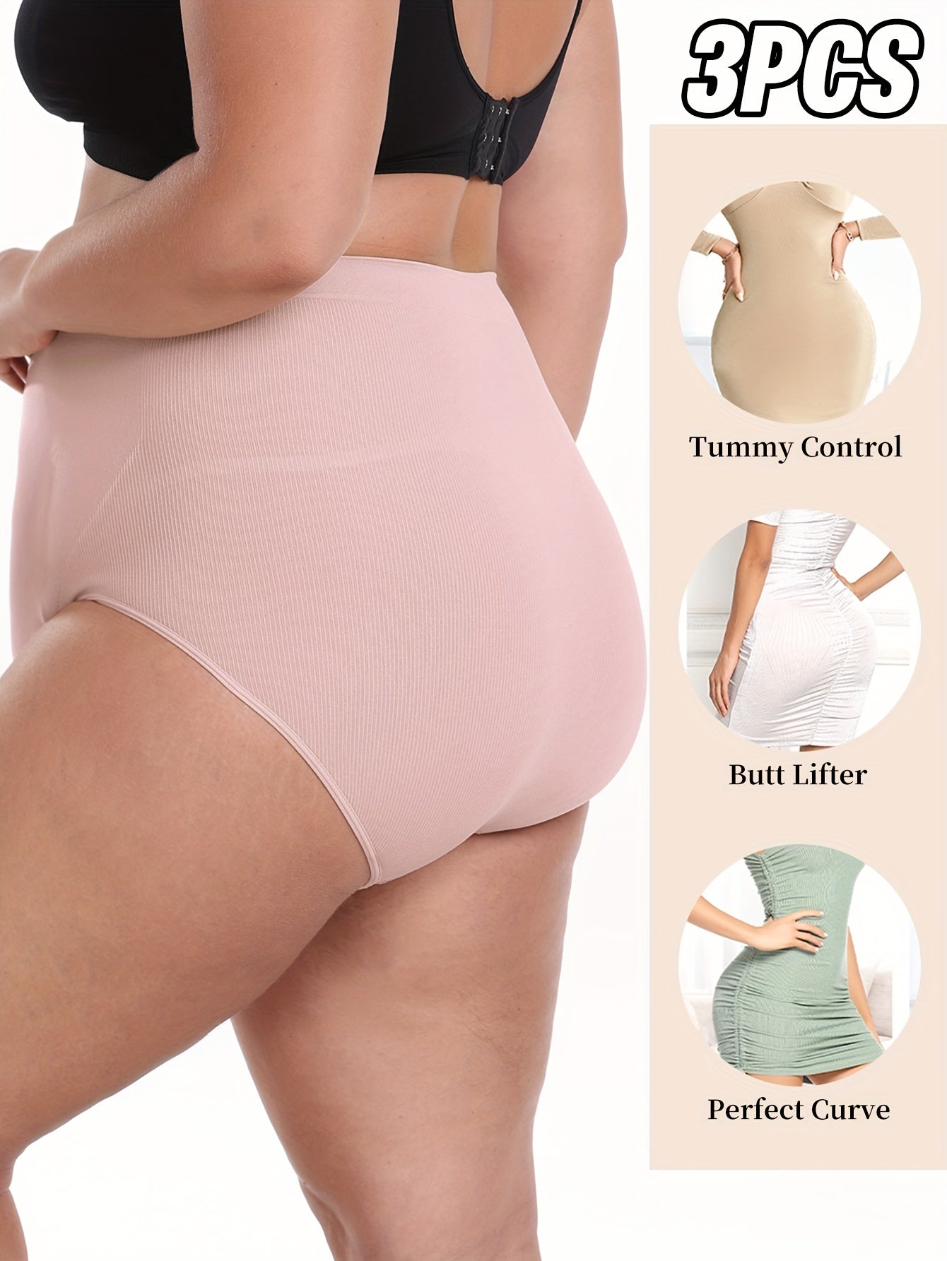 Plus Size Women's High-Waist Shapewear Panties Seamless Breathable Nylon Elastane Black