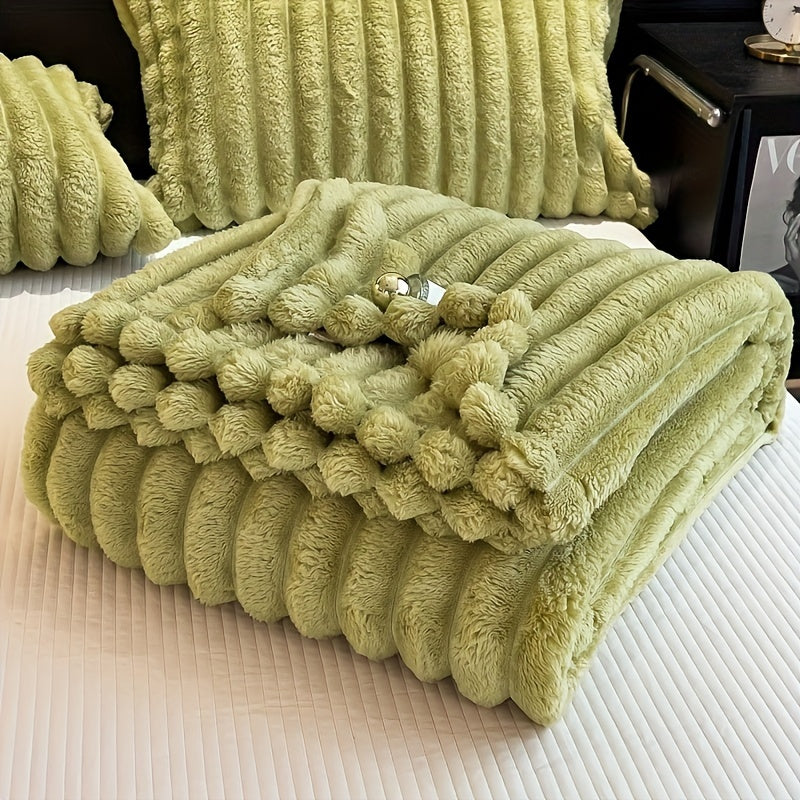 Ultra-Soft Faux Rabbit Fur Throw Blanket with Stripes, Machine Washable, Non-Shedding