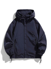 Men's Navy Blue Polyester Hooded Windbreaker Jacket for Spring and Fall