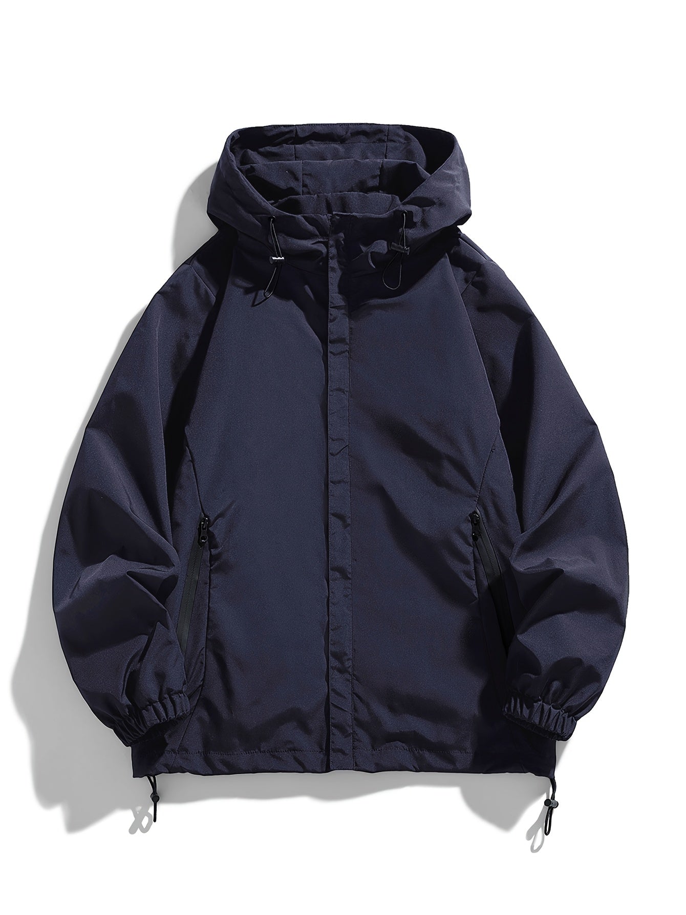 Men's Navy Blue Polyester Hooded Windbreaker Jacket for Spring and Fall