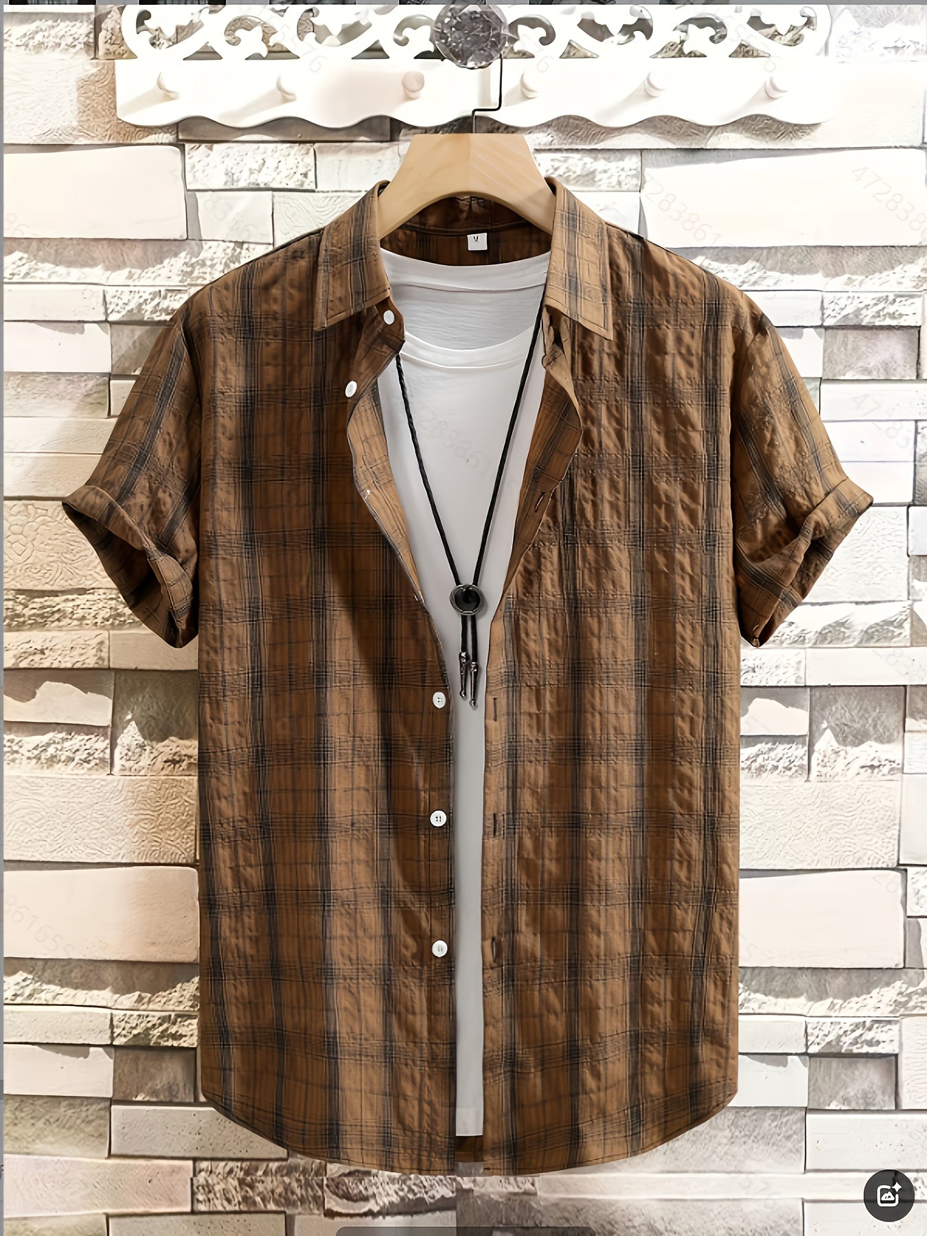 Men's Summer Casual Plaid Shirt Short Sleeve Lapel Cotton Polyester Rayon Regular Fit