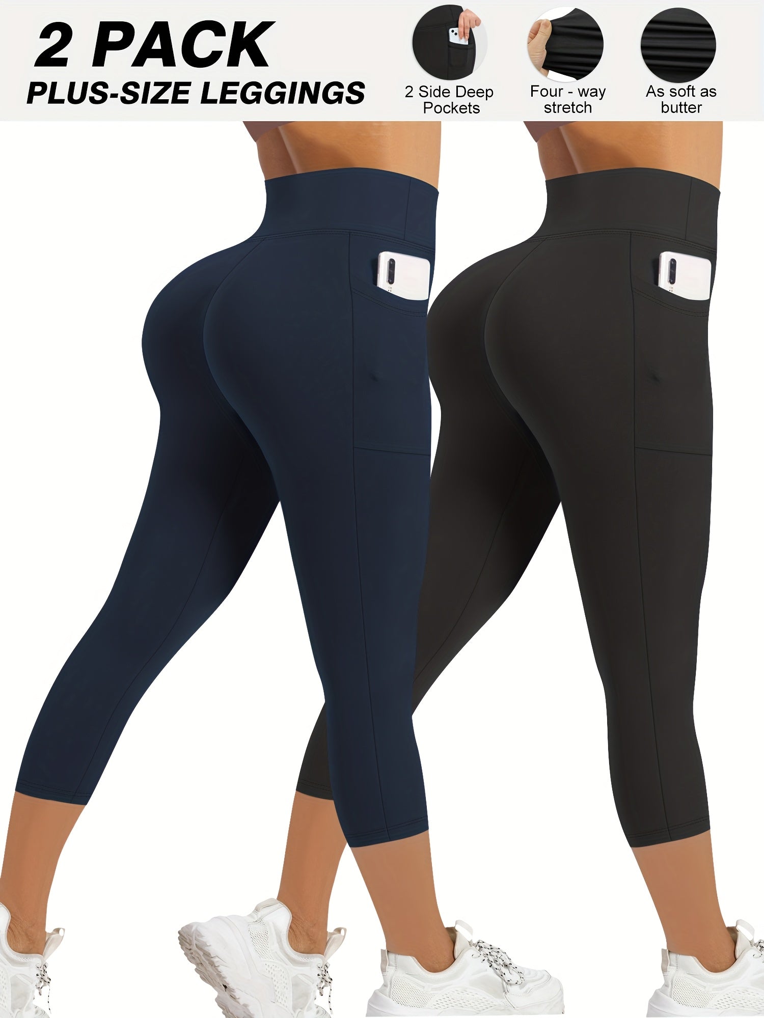 Plus Size 2-Pack High-Waisted Pocket Pants Beige Fitness Outdoor Comfortable
