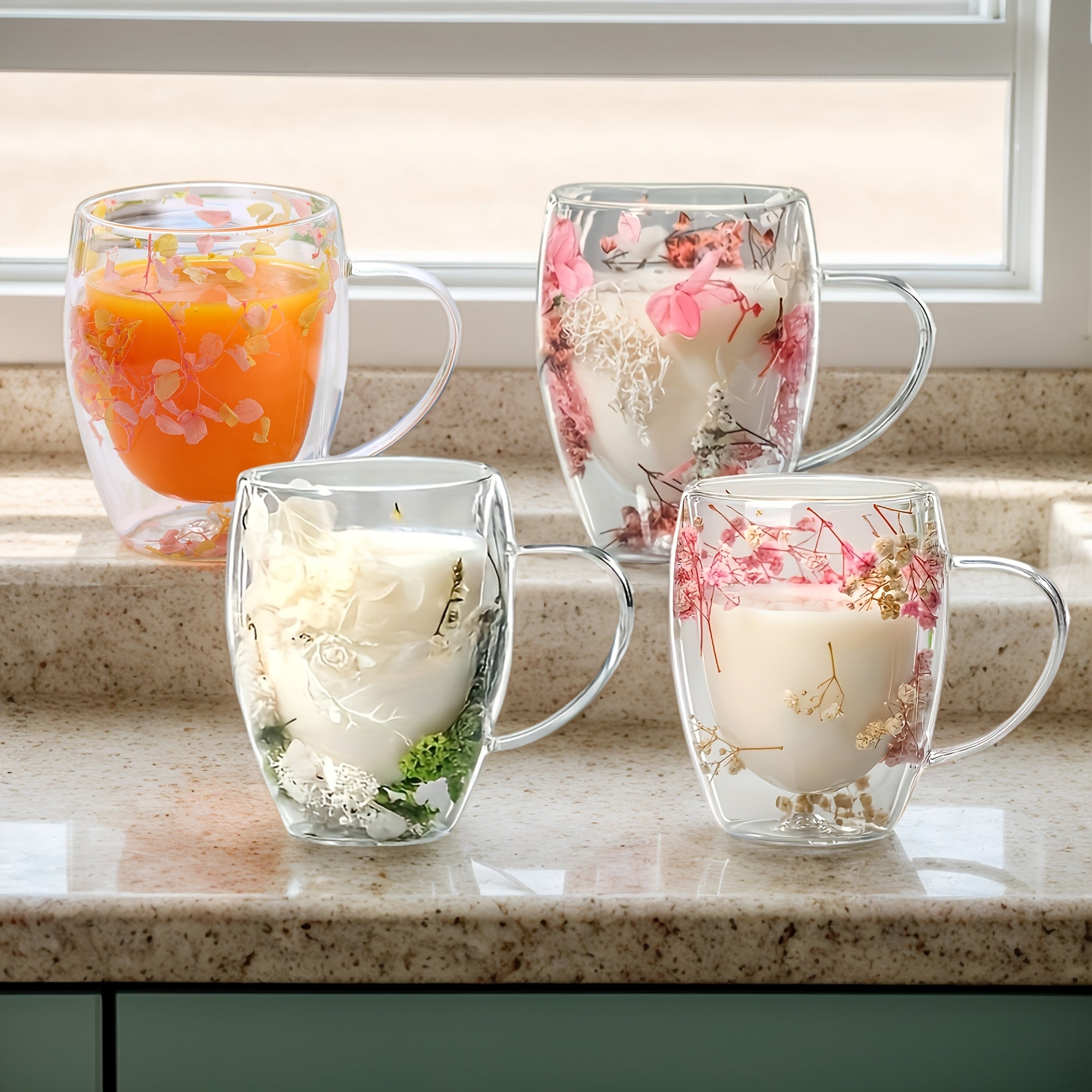 Set of 2 Floral Double Wall Glass Mugs 11.83 oz Hot Beverages Gift