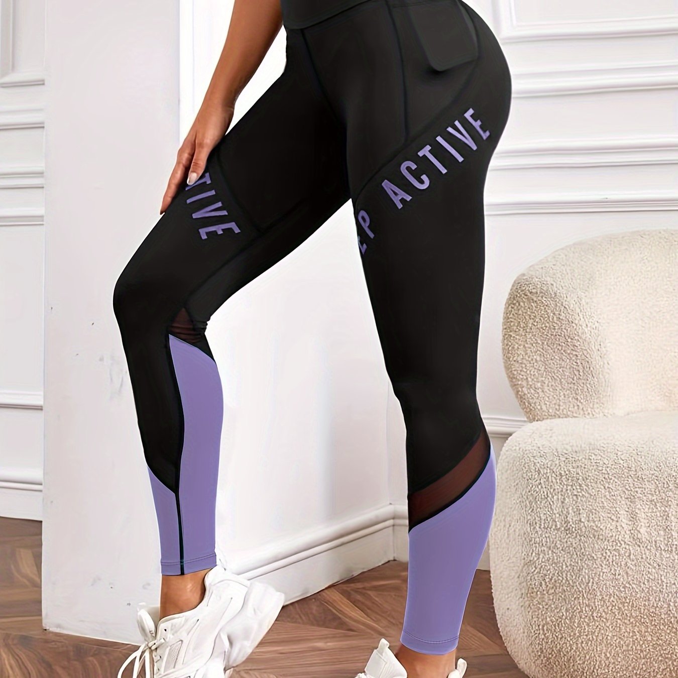 Women's High Waist Yoga Leggings with Pockets and Color-Block Letter Print