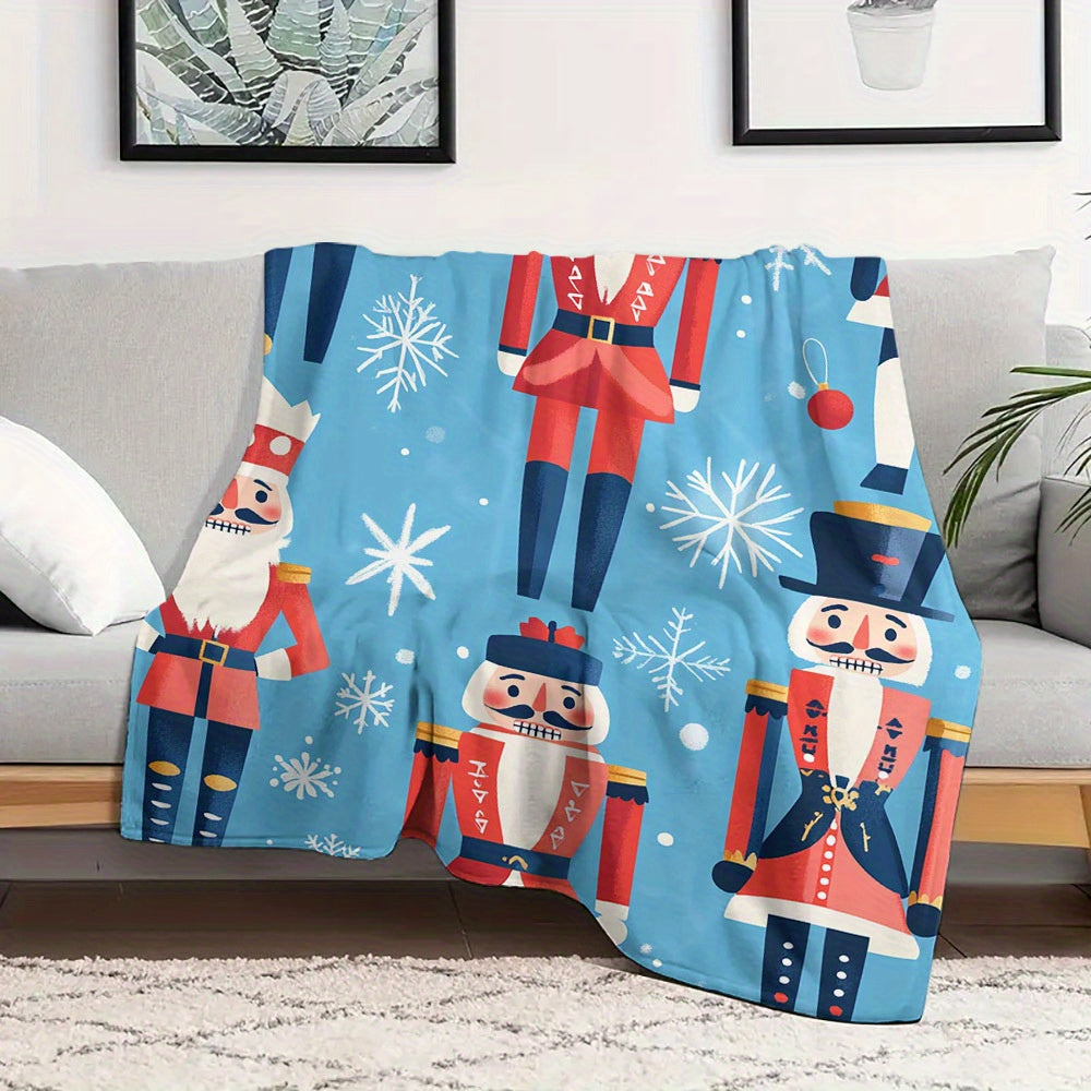 Quilted Polyester Flannel Throw Blanket with Cartoon Nutcracker Pattern for All-Season Use