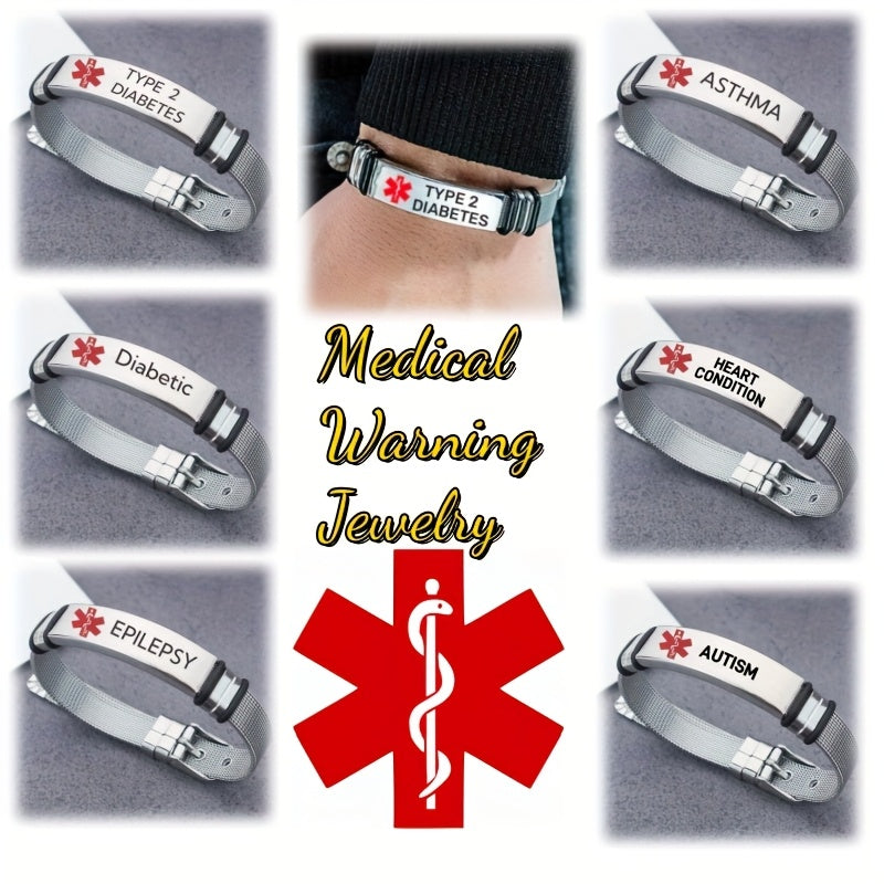 Adult Stainless Steel Medical Alert Bracelet Adjustable with Red Caduceus
