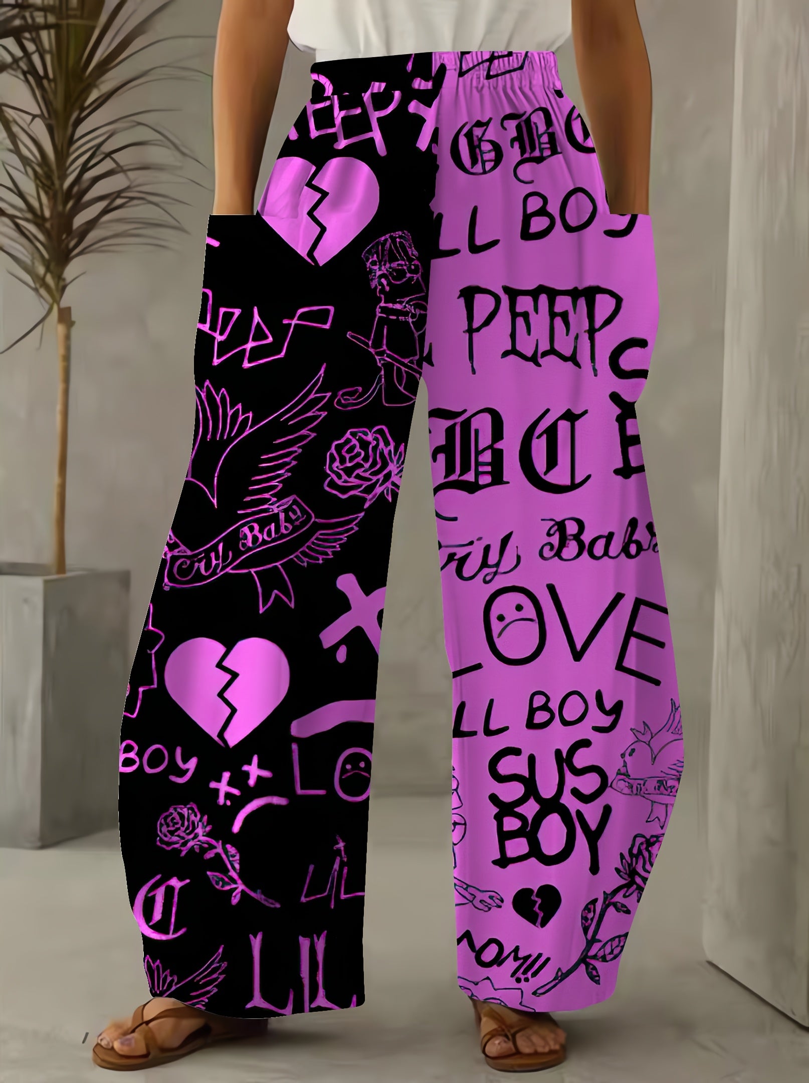 Plus Size Women's High-Waist Wide-Leg Pants with Heart Print Casual Black Pink