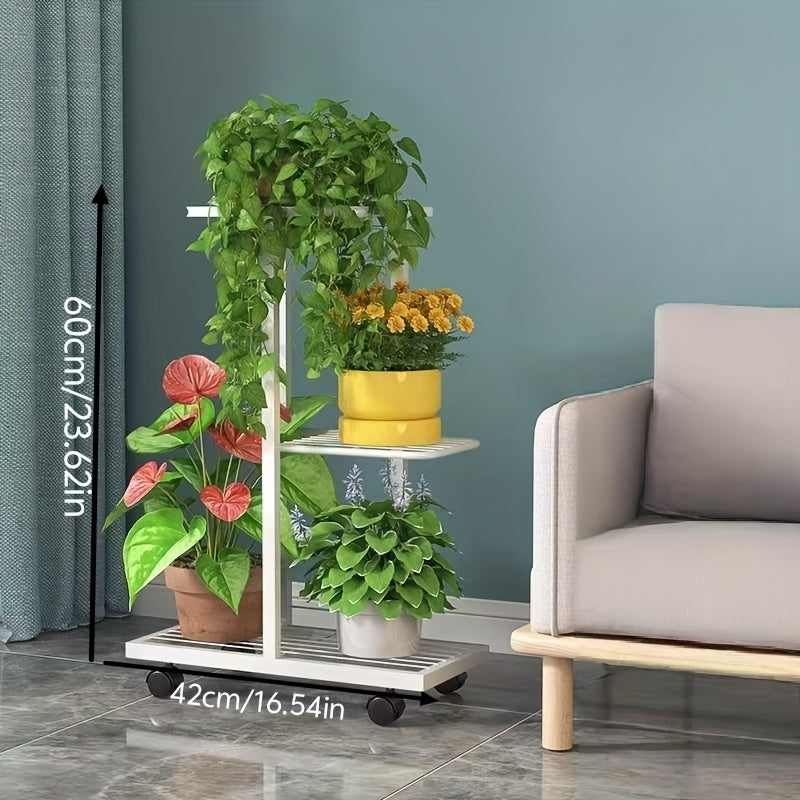 3-Tier Metal Plant Stand with Wheels White and Black Indoor Outdoor Flower Rack